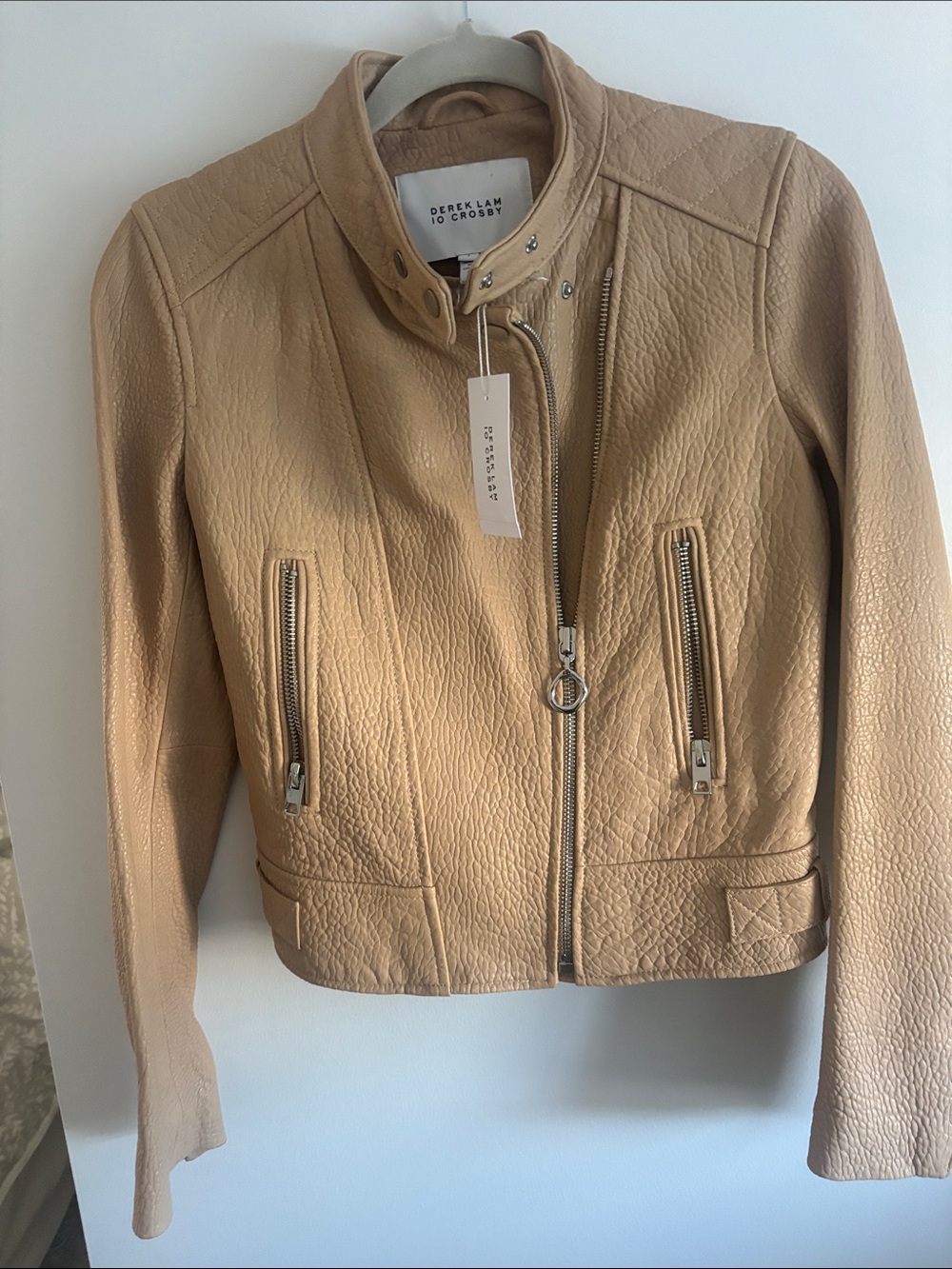 10 Crosby Derek Lam Tan Textured Leather Moto Jacket